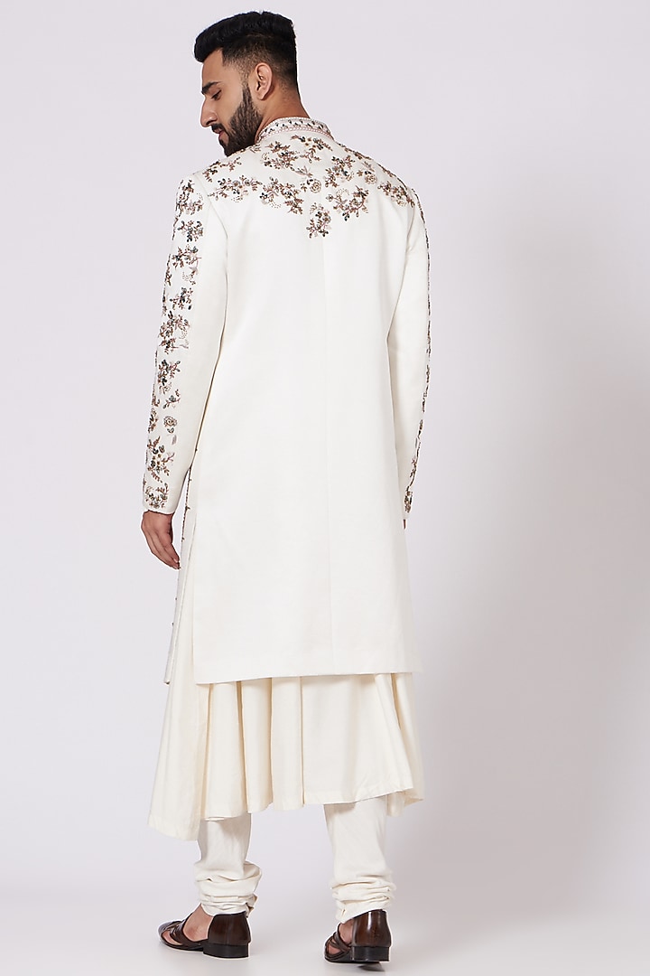 Ivory Linen Silk Floral Embroidered Groom Sherwani Set by Jatin Malik at Pernia's Pop Up Shop