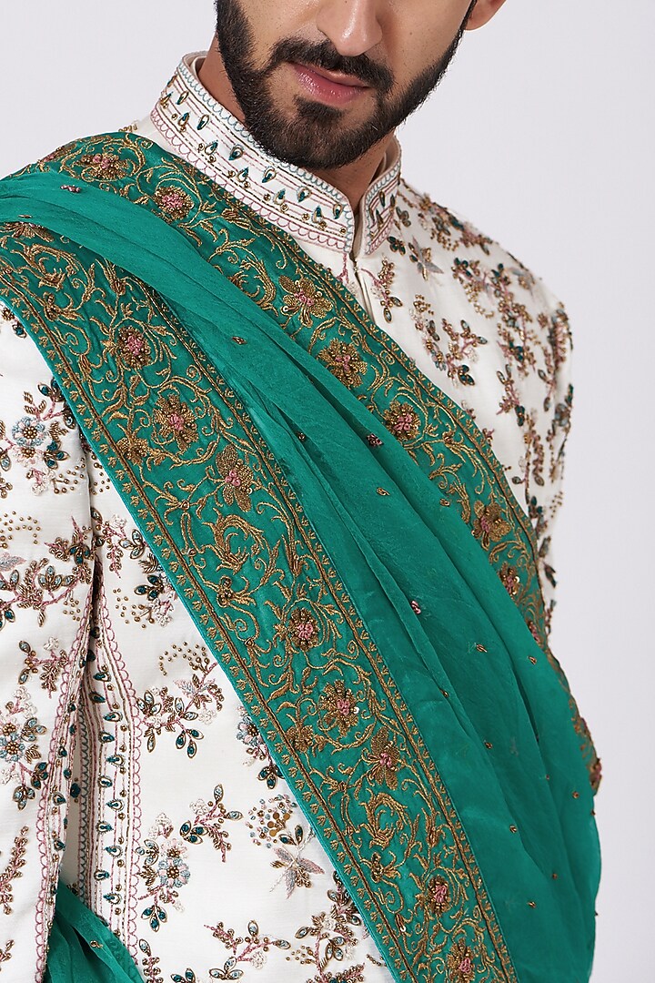 Ivory Linen Silk Floral Embroidered Groom Sherwani Set by Jatin Malik at Pernia's Pop Up Shop