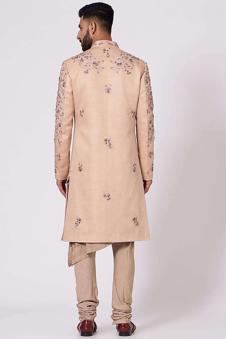 Champagne Linen Silk Floral Embroidered Groom Sherwani Set by Jatin Malik at Pernia's Pop Up Shop
