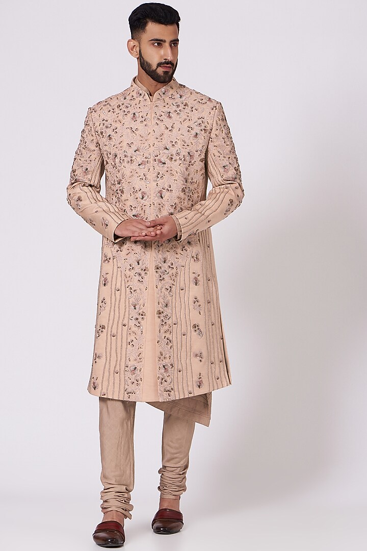Champagne Linen Silk Floral Embroidered Groom Sherwani Set by Jatin Malik at Pernia's Pop Up Shop