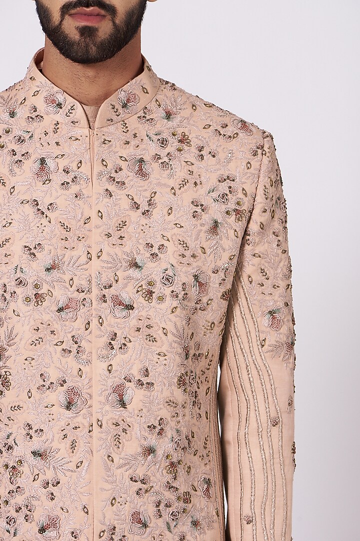 Champagne Linen Silk Floral Embroidered Groom Sherwani Set by Jatin Malik at Pernia's Pop Up Shop