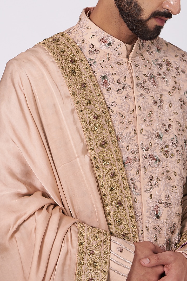 Champagne Linen Silk Floral Embroidered Groom Sherwani Set by Jatin Malik at Pernia's Pop Up Shop