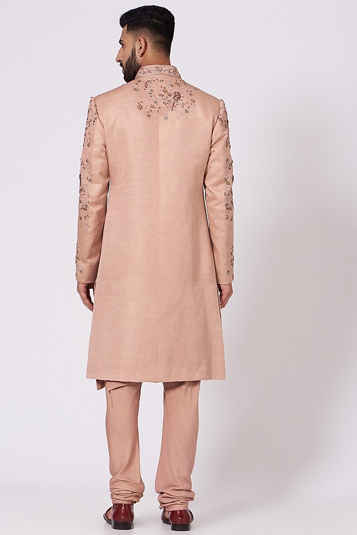 Champagne Linen Silk Embroidered Groom Sherwani Set by Jatin Malik at Pernia's Pop Up Shop