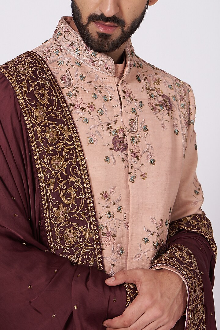 Champagne Linen Silk Embroidered Groom Sherwani Set by Jatin Malik at Pernia's Pop Up Shop