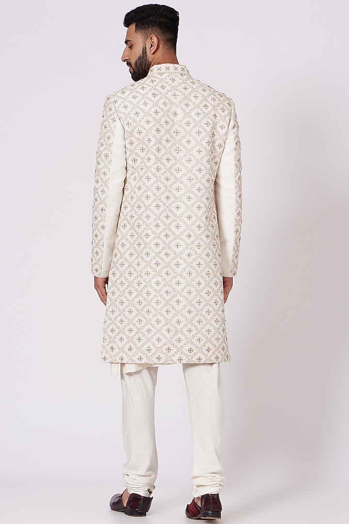 Ivory Slub Silk Hand Embroidered Groom Sherwani Set by Jatin Malik at Pernia's Pop Up Shop