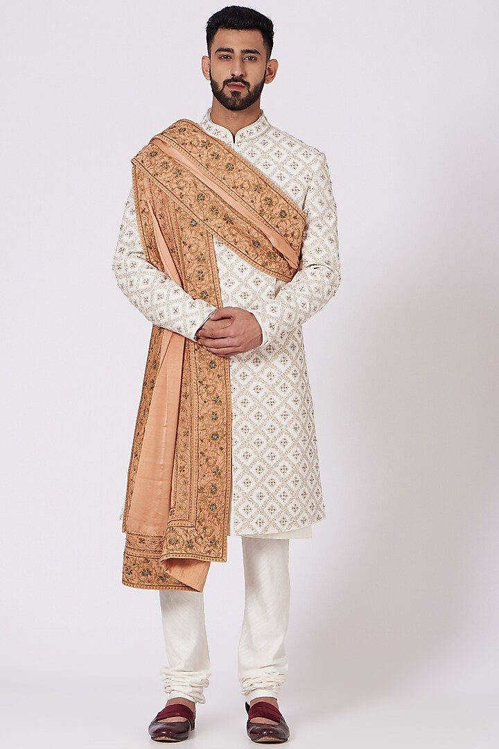 Ivory Slub Silk Hand Embroidered Groom Sherwani Set by Jatin Malik at Pernia's Pop Up Shop