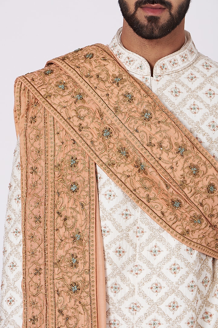 Ivory Slub Silk Hand Embroidered Groom Sherwani Set by Jatin Malik at Pernia's Pop Up Shop