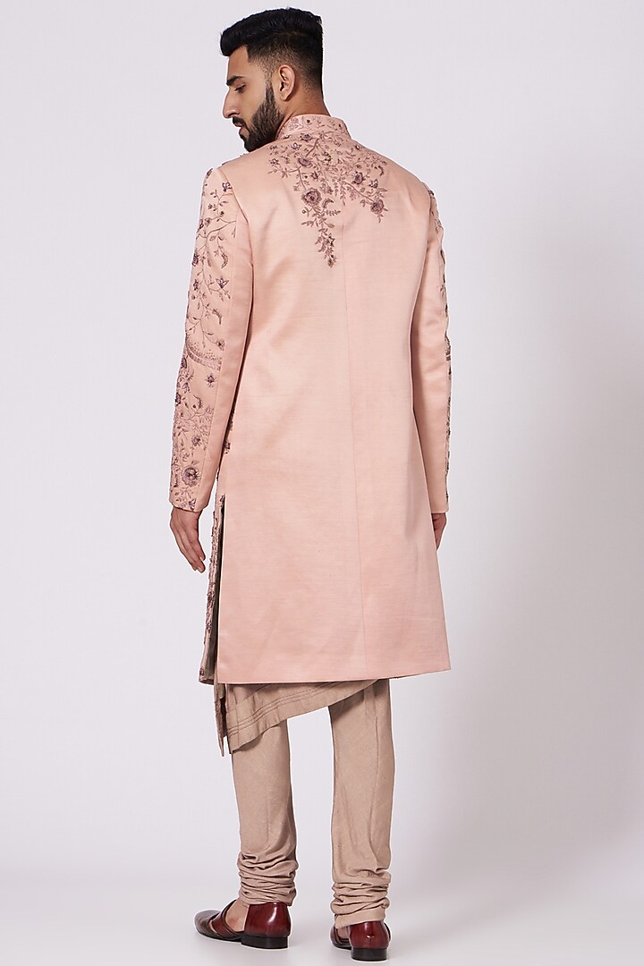Old Rose Floral Embroidered Groom Sherwani Set by Jatin Malik at Pernia's Pop Up Shop
