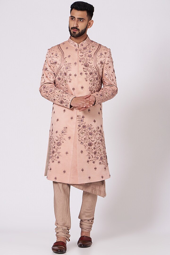 Old Rose Floral Embroidered Groom Sherwani Set by Jatin Malik at Pernia's Pop Up Shop