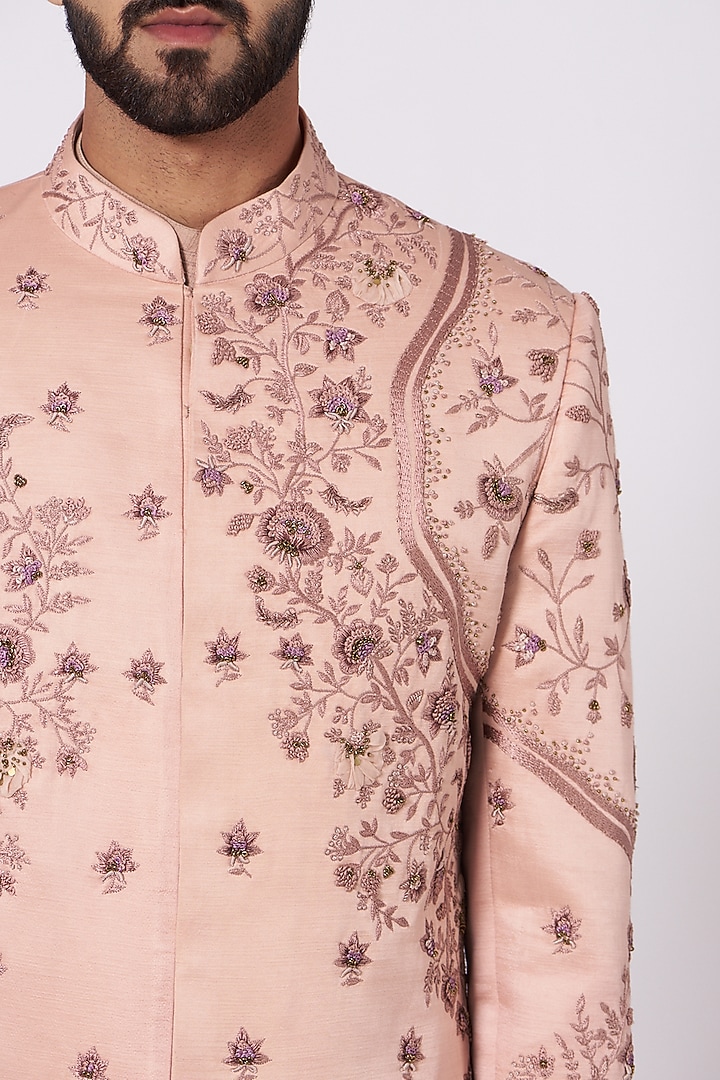 Old Rose Floral Embroidered Groom Sherwani Set by Jatin Malik at Pernia's Pop Up Shop