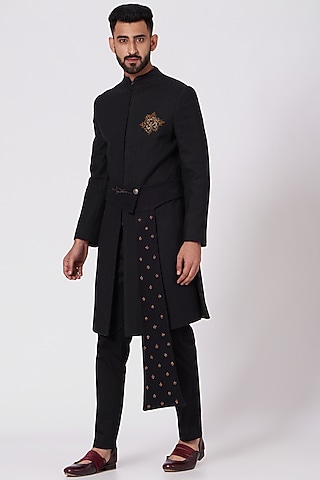 Midnight Blue Achkan Jacket Set by Jatin Malik