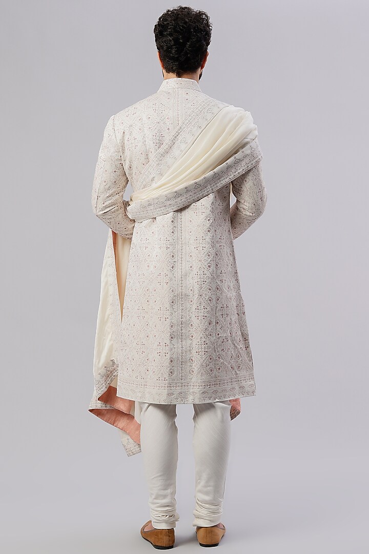 Ivory Linen Silk Jamawar Embroidered Groom Sherwani Set by Jatin Malik at Pernia's Pop Up Shop