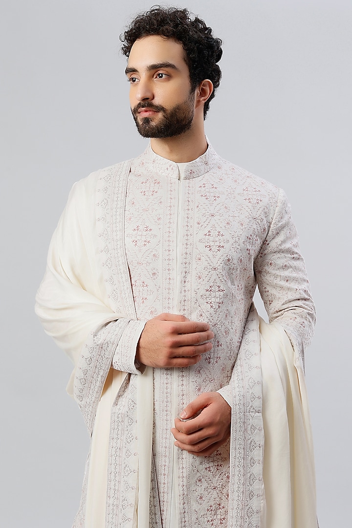 Ivory Linen Silk Jamawar Embroidered Groom Sherwani Set by Jatin Malik at Pernia's Pop Up Shop