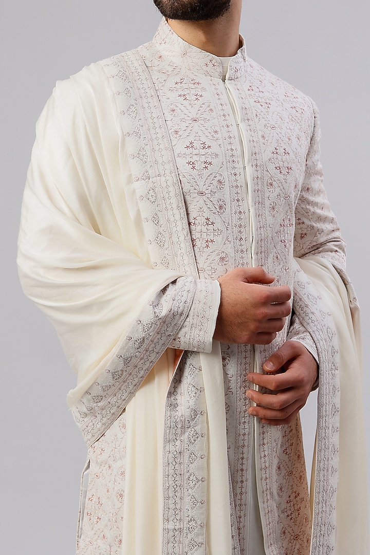 Ivory Linen Silk Jamawar Embroidered Groom Sherwani Set by Jatin Malik at Pernia's Pop Up Shop