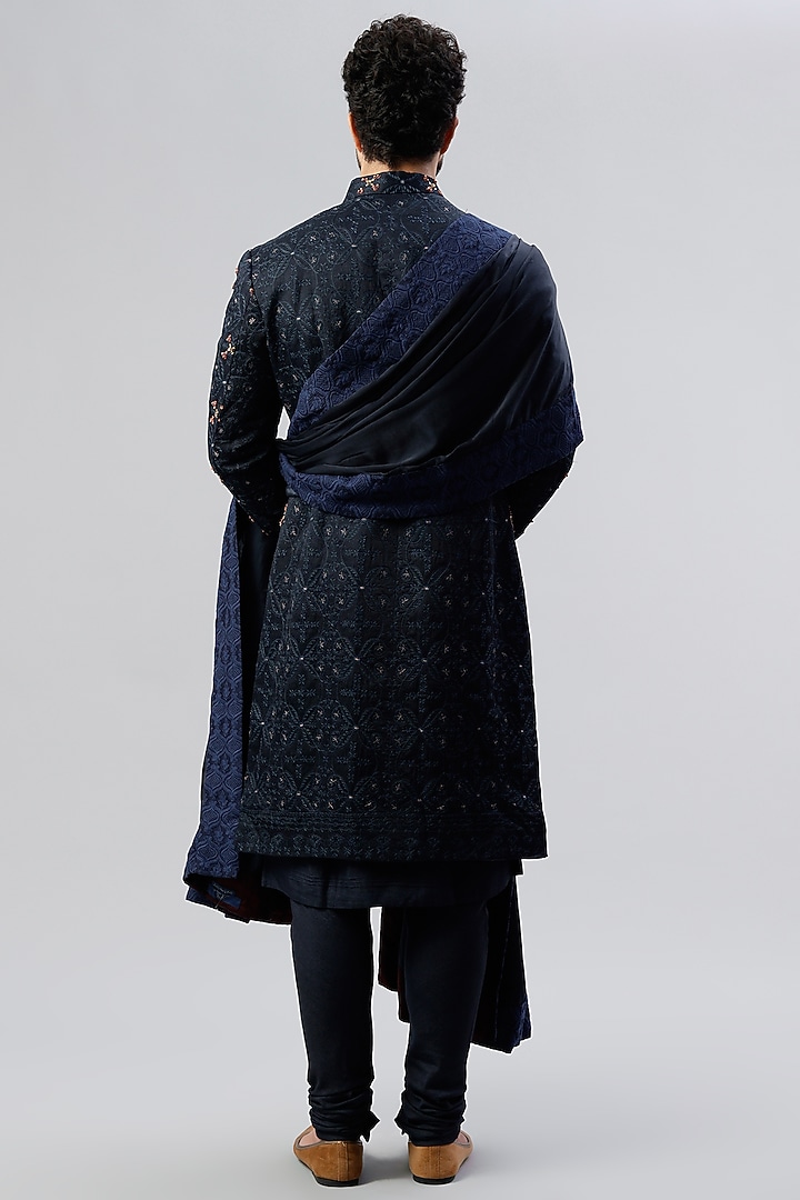 Midnight Blue Linen Silk Jamawar Embroidered Groom Sherwani Set by Jatin Malik at Pernia's Pop Up Shop