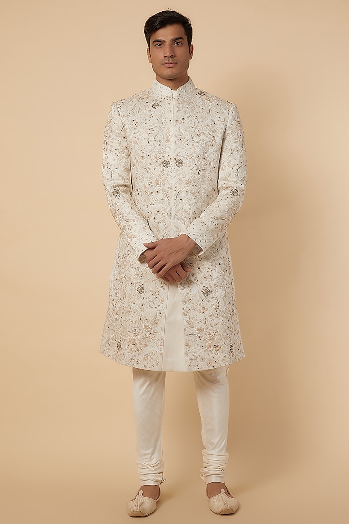 Ivory Linen Silk Jaal Hand Embroidered Sherwani Set by Jatin Malik