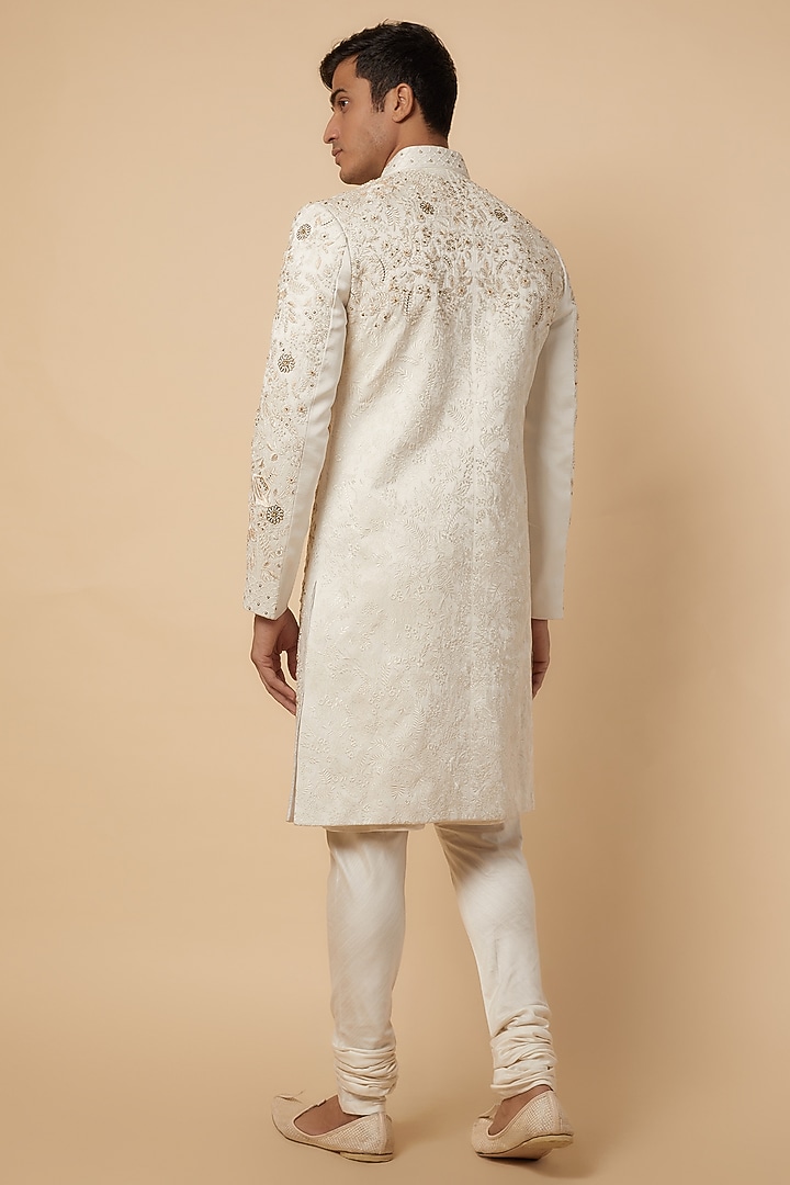 Ivory Linen Silk Jaal Hand Embroidered Groom Sherwani Set by Jatin Malik at Pernia's Pop Up Shop