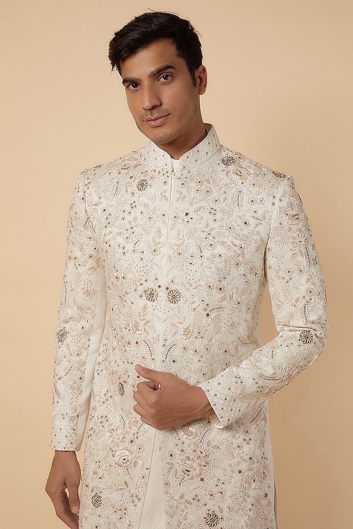 Ivory Linen Silk Jaal Hand Embroidered Groom Sherwani Set by Jatin Malik at Pernia's Pop Up Shop