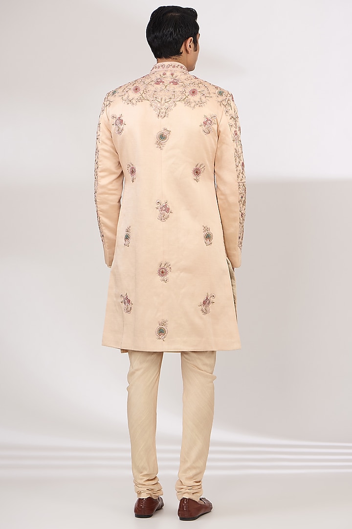 Blush Pink Linen Silk Hand Embroidered Groom Sherwani Set by Jatin Malik at Pernia's Pop Up Shop