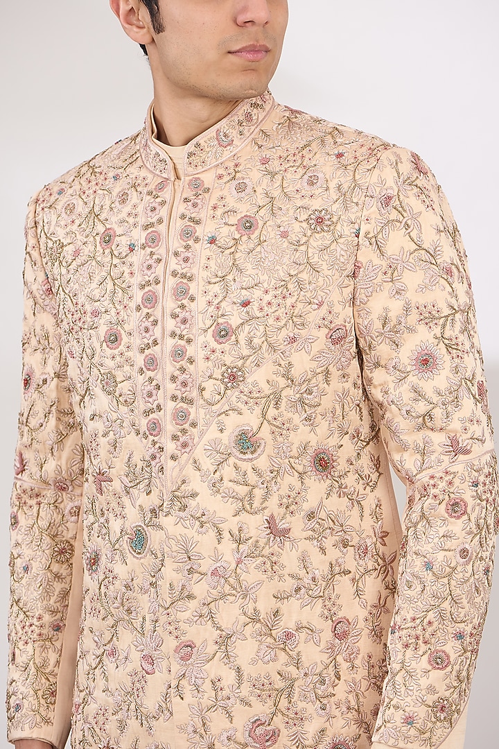 Blush Pink Linen Silk Hand Embroidered Groom Sherwani Set by Jatin Malik at Pernia's Pop Up Shop