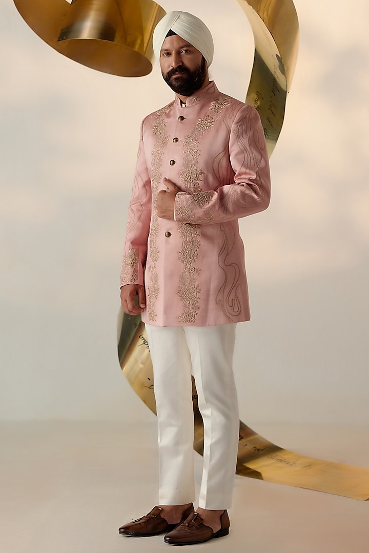 Rose Pink Linen Silk Embroidered Bandhgala Set by Jatin Malik