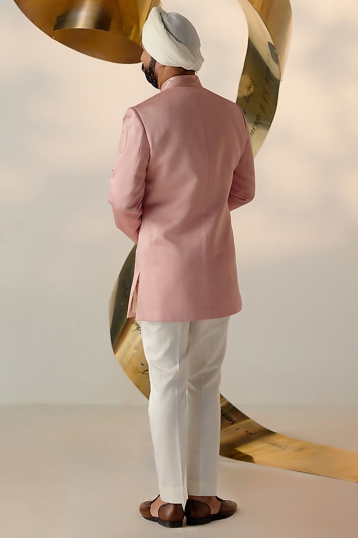 Rose Pink Linen Silk Embroidered Wedding Bandhgala Set by Jatin Malik at Pernia's Pop Up Shop