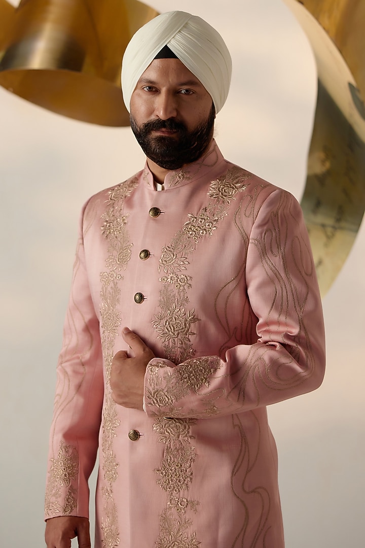 Rose Pink Linen Silk Embroidered Wedding Bandhgala Set by Jatin Malik at Pernia's Pop Up Shop