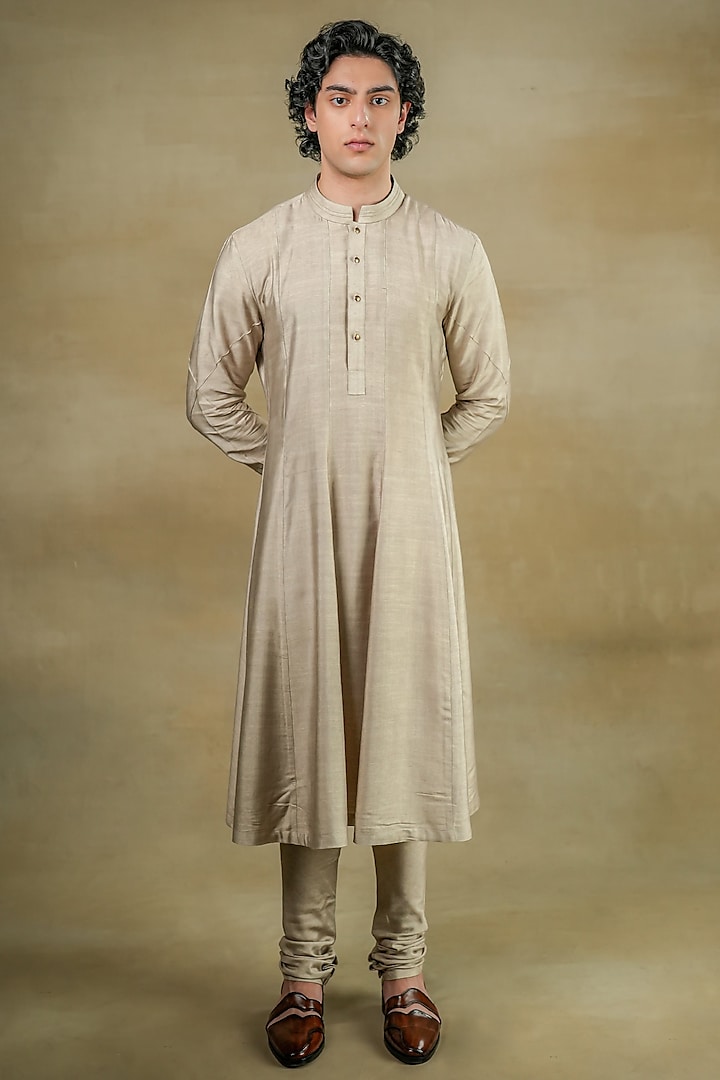 Sand Grey Cotton Silk Anarkali Kurta Set by Jatin Malik