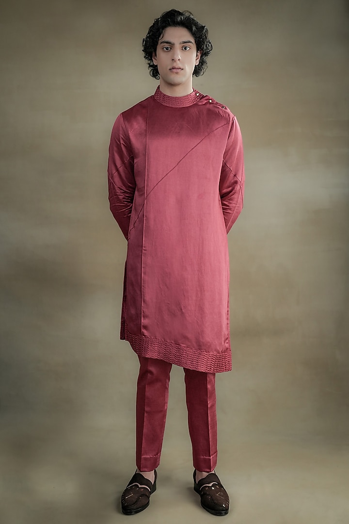 Red Linen Silk Kurta Set by Jatin Malik