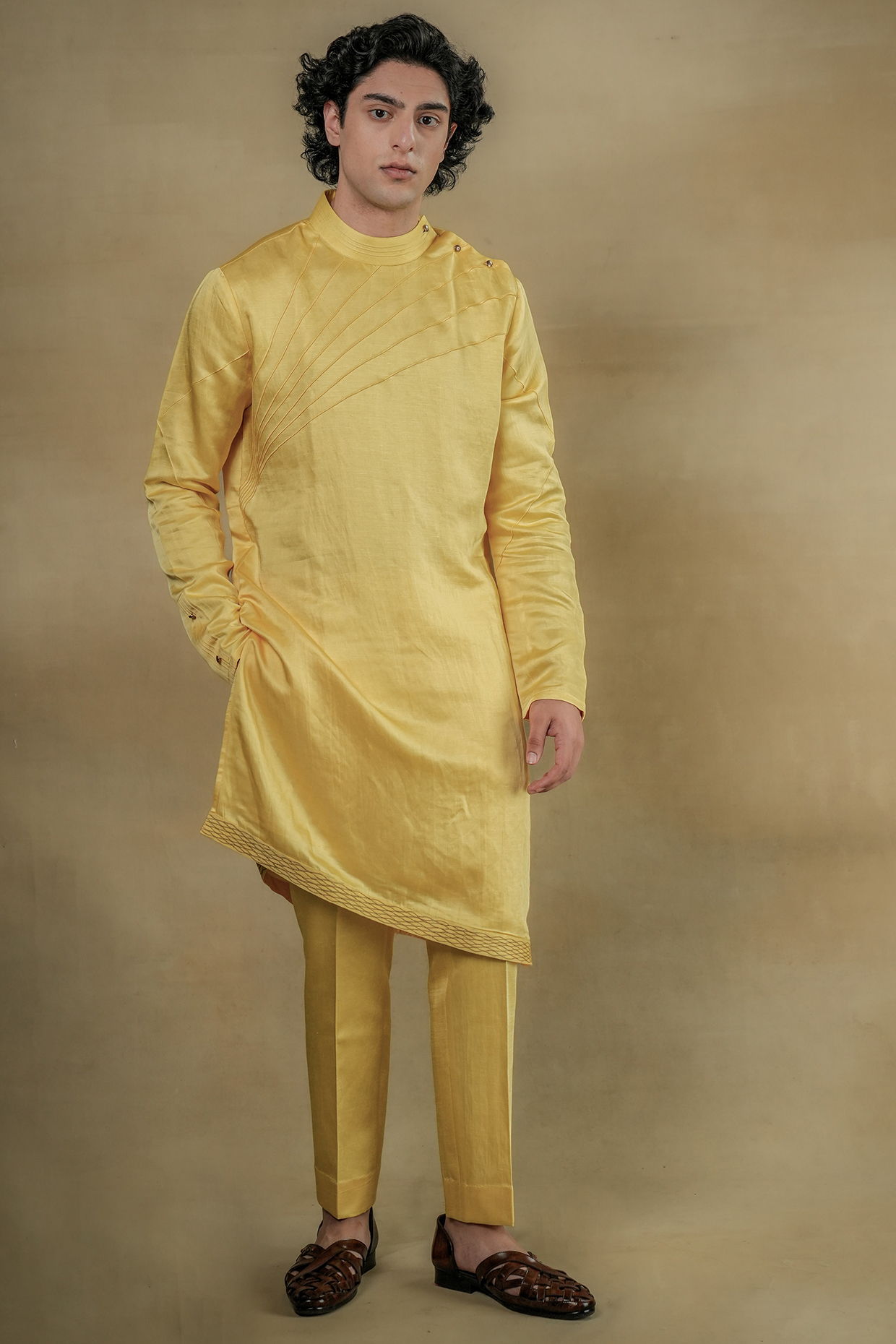 Yellow Linen Silk Kurta Set by Jatin Malik