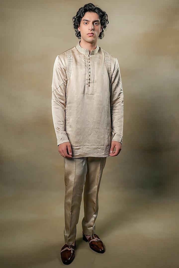 Sand Grey Linen Silk Kurta Set by Jatin Malik
