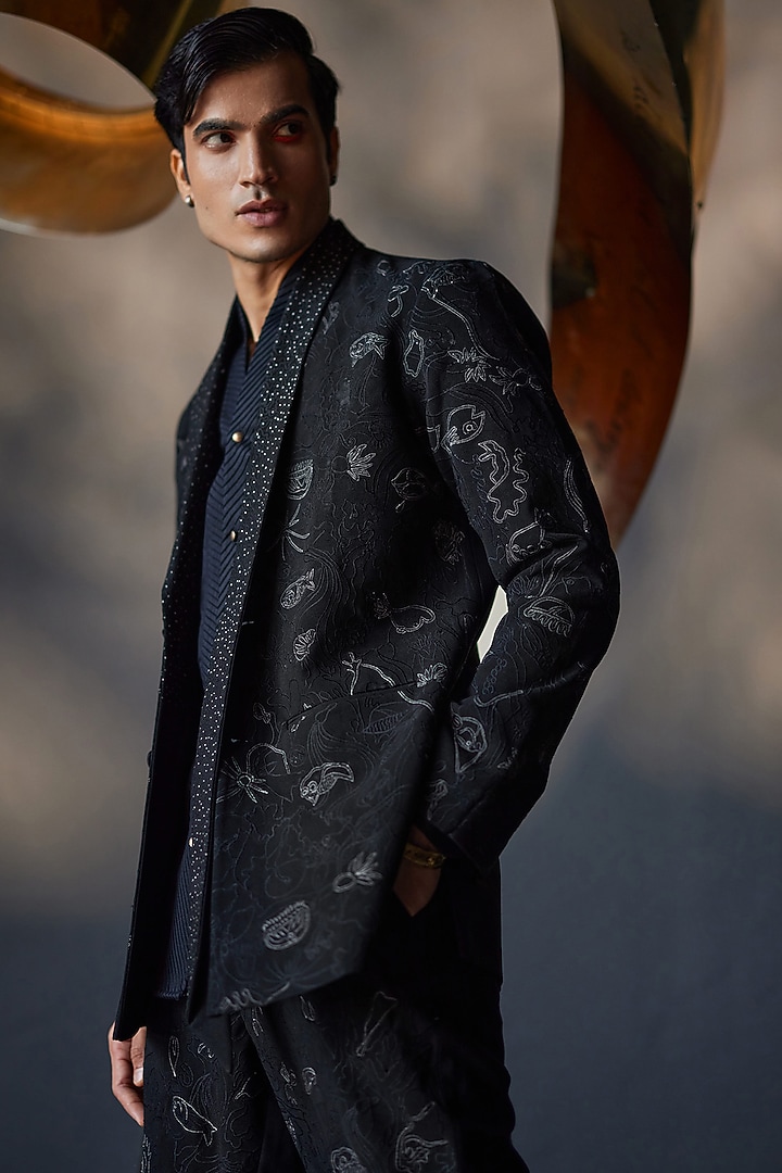 Black Knit Embroidered Blazer Set by Jatin Malik at Pernia's Pop Up Shop