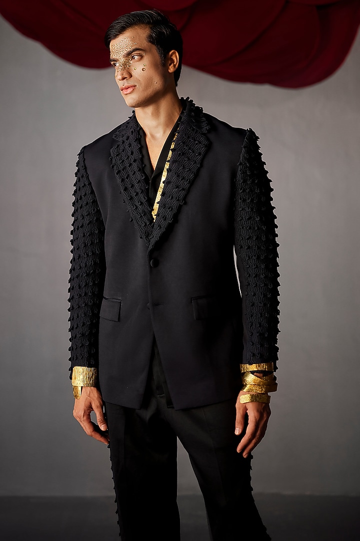 Midnight Blue Knit Embroidered Blazer Set by Jatin Malik at Pernia's Pop Up Shop