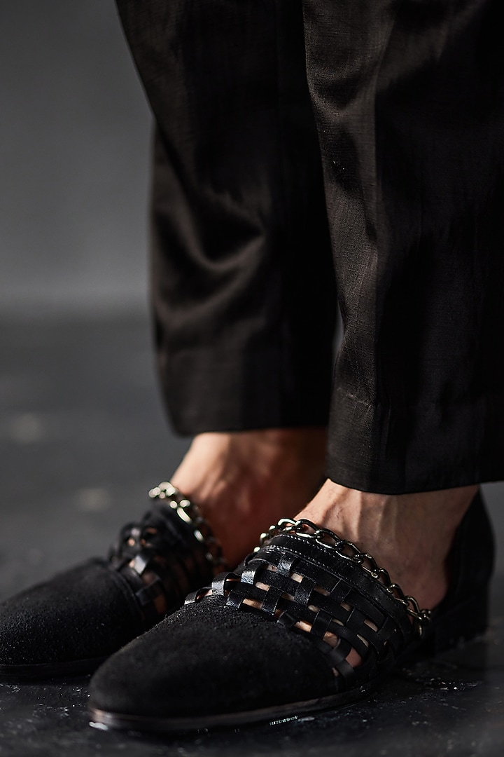 Black Linen Silk Embroidered Tuxedo Set by Jatin Malik at Pernia's Pop Up Shop