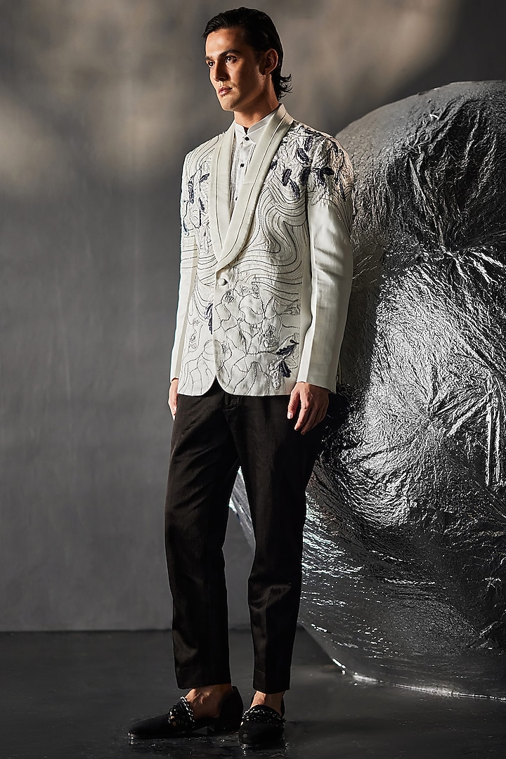 White Linen Silk Embroidered Tuxedo Set by Jatin Malik