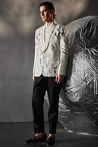 White Linen Silk Embroidered Tuxedo Set by Jatin Malik