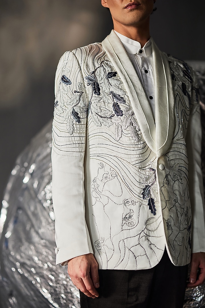 White Linen Silk Embroidered Tuxedo Set by Jatin Malik at Pernia's Pop Up Shop