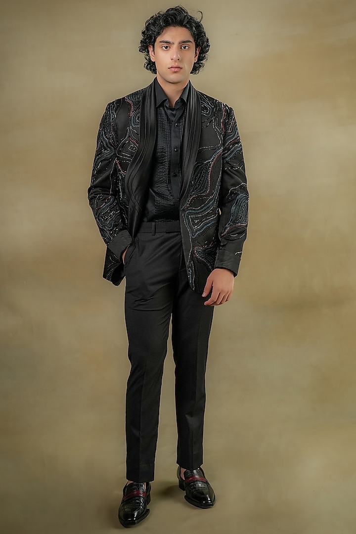 Black Linen Silk Embroidered Tuxedo Set by Jatin Malik