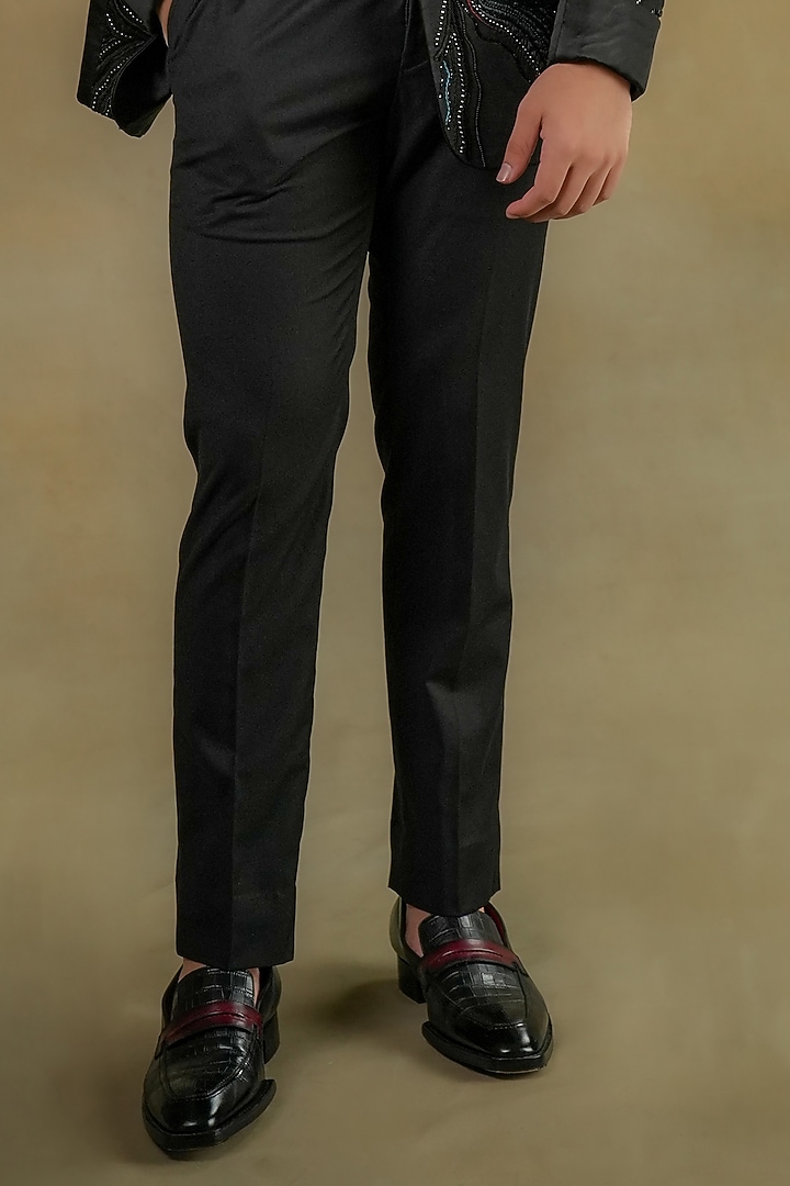 Black Linen Silk Embroidered Tuxedo Set by Jatin Malik at Pernia's Pop Up Shop