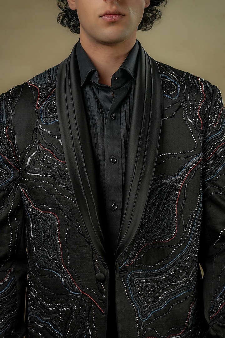 Black Linen Silk Embroidered Tuxedo Set by Jatin Malik at Pernia's Pop Up Shop