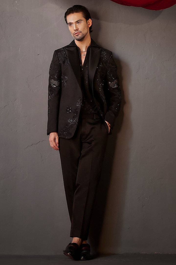 Black Suede Embroidered Tuxedo Set by Jatin Malik