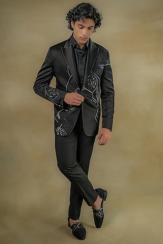 Black Linen Silk Embroidered Tuxedo Set by Jatin Malik