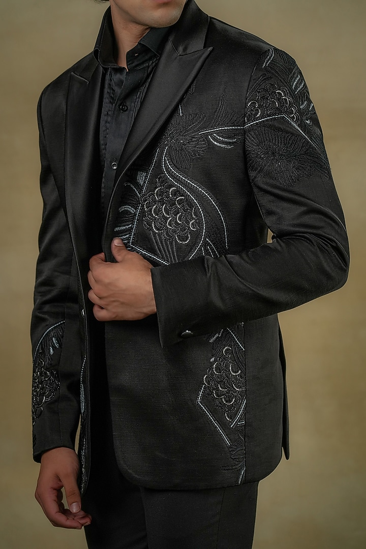 Black Linen Silk Embroidered Tuxedo Set by Jatin Malik at Pernia's Pop Up Shop