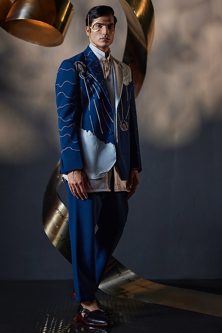 Teal Blue Knit Embroidered Blazer Set by Jatin Malik