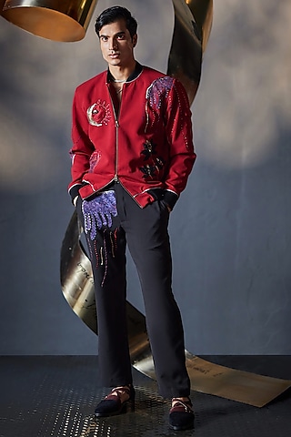 Red Crepe Printed & Embroidered Bomber Jacket Set by Jatin Malik