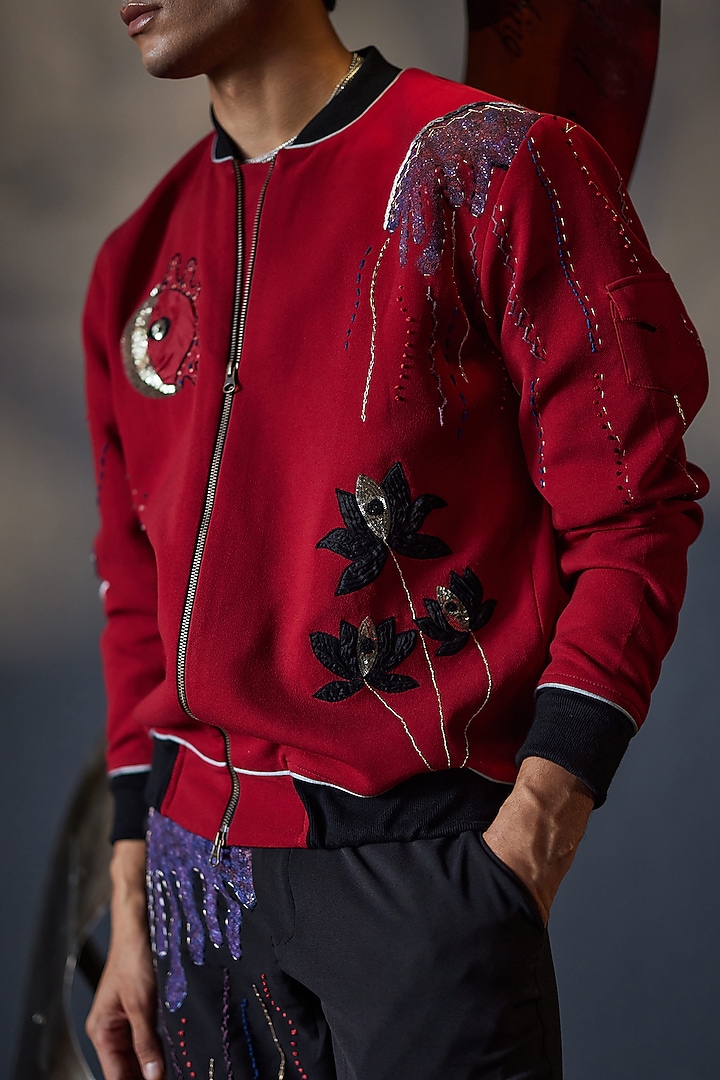 Red Crepe Printed & Embroidered Bomber Jacket Set by Jatin Malik at Pernia's Pop Up Shop