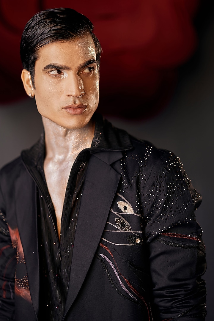 Black Modal Rayon Printed & Embroidered Co-Ord Set by Jatin Malik at Pernia's Pop Up Shop