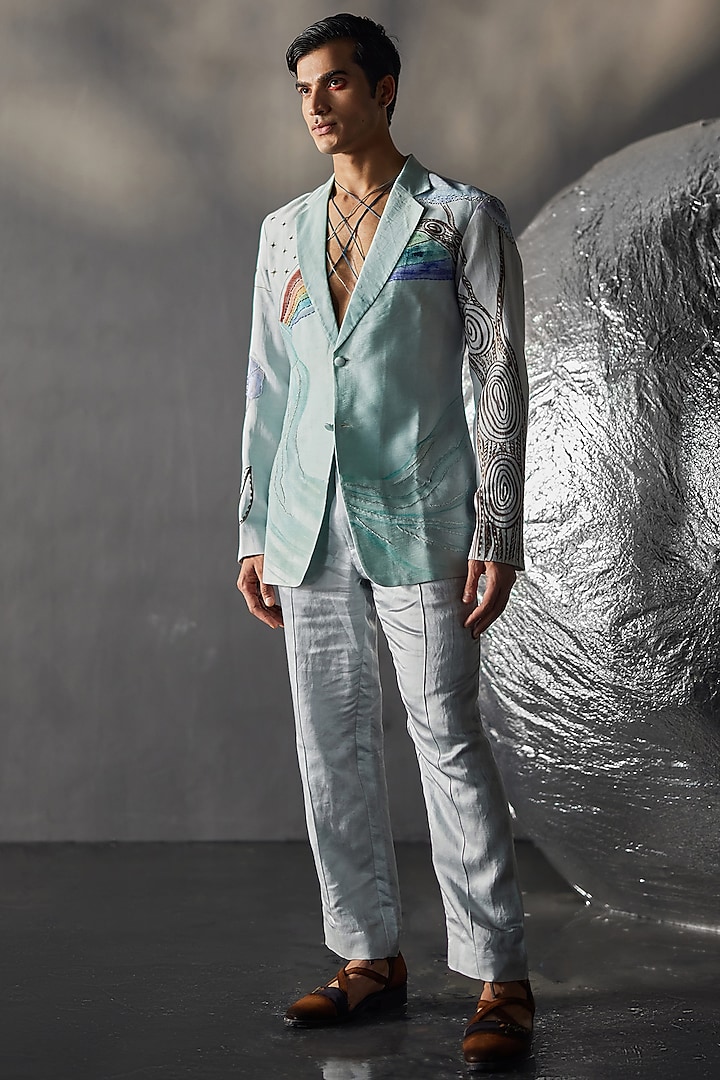 Silver Linen Silk Pant Set by Jatin Malik