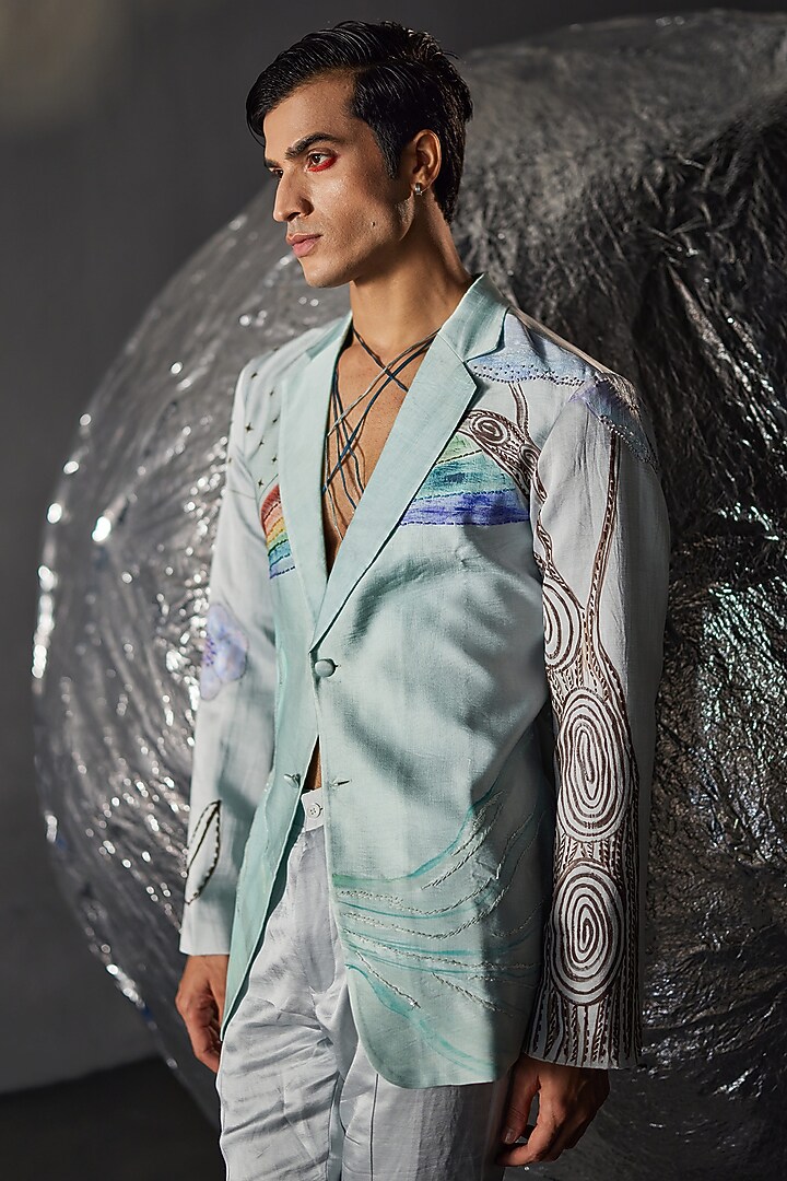 Silver Linen Silk Pant Set by Jatin Malik at Pernia's Pop Up Shop