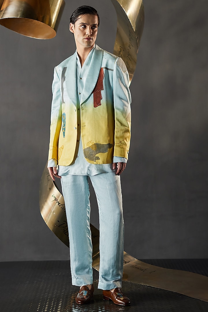 Sky Blue & Yellow Ombre Linen Silk Printed Co-Ord Set by Jatin Malik